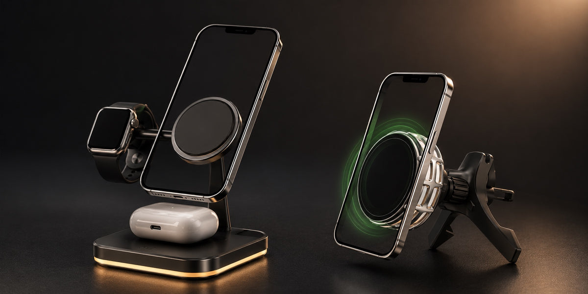 Vaslora 4-in-1 wireless charging dock and MagVent Pro car mount together on dark background with warm accent lighting